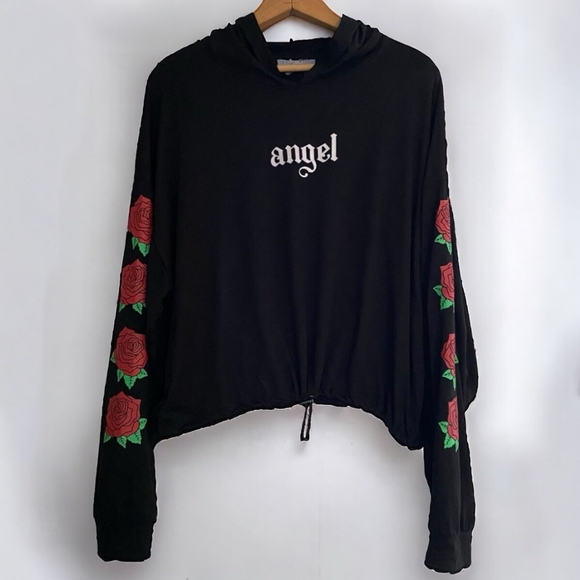 Streetwear Society Hooded‎ Angel Top Sz Medium Roses Black Longsleeve Womens Jr. - Picture 8 of 9